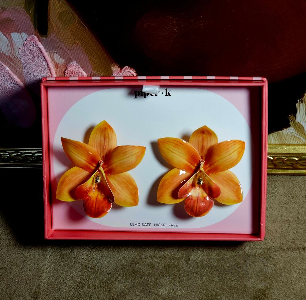 🌸 Piper K "Island Sunset" Enamel Orchid Statement Earrings – New In Box (NIB)